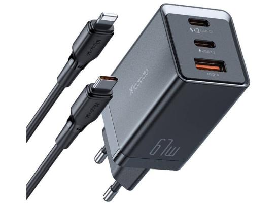 Mcdodo CH-1544 GaN wall charger, 2x USB-C, 1x USB, 67W + USB-C to Lightning cable (black)